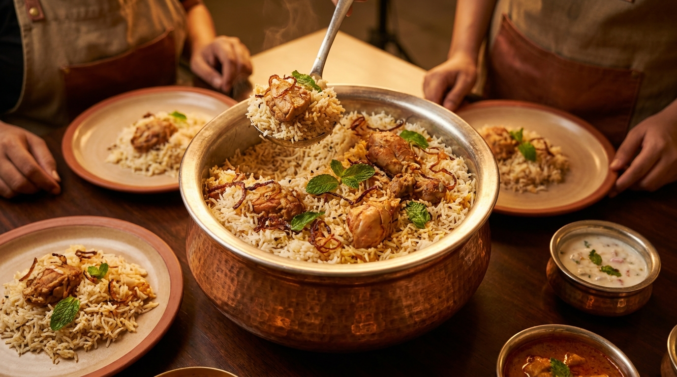 Biryani served from the handi, steam rising